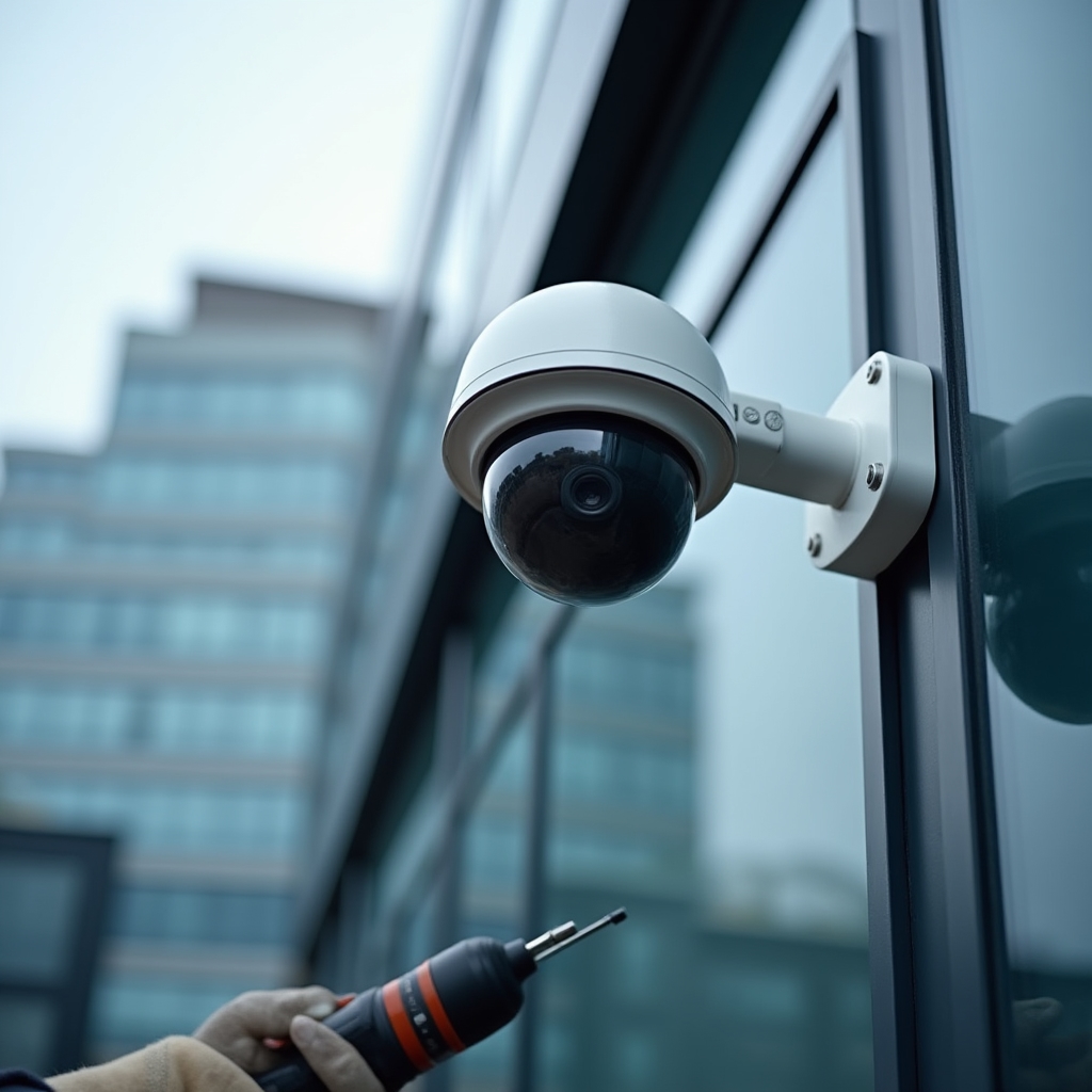 Монтаж камеры видеонаблюдения на фасаде здания